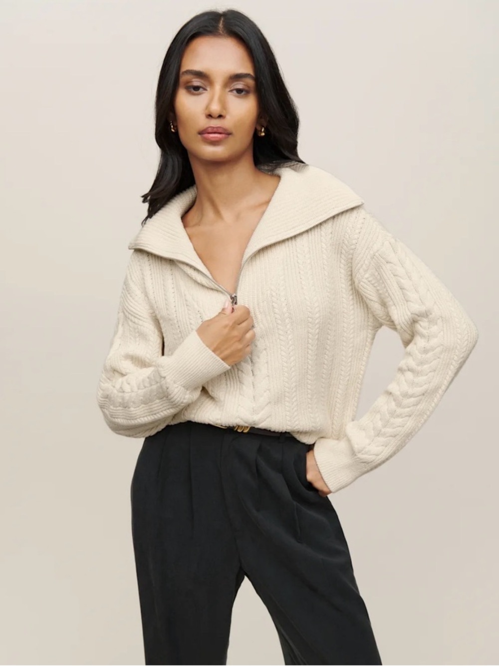 Reformation Lucca Cotton Cable Half Zip Sweater